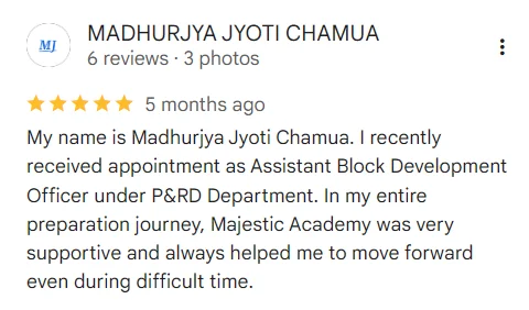 Google review appreciating GK compilations and current affairs analysis sessions for the ADRE Grade III exam.